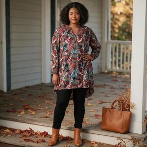 The Pioneer Woman Burgundy Floral Hi‑Lo Tunic Blouse Womens XL New